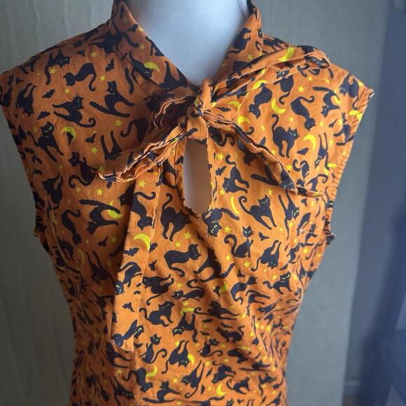 Retrolicious Orange Cat Print Tie Neck Sleeveless Top Sz Xl Halloween Kitty - Picture 2 of 11